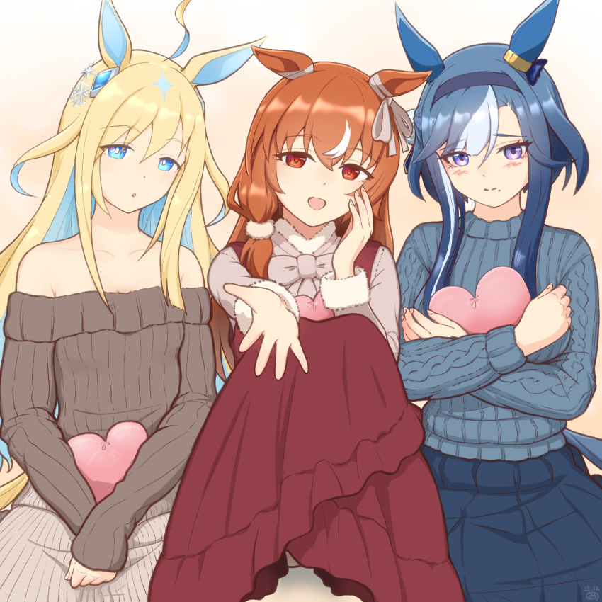 3girls, admire_groove_(umamusume), ahoge, animal_ears, blonde_hair, blue_eyes, breasts, brown_hair