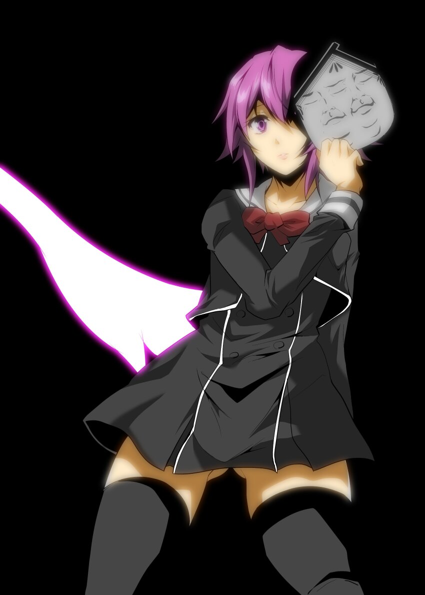 1girl, absurdres, anime_coloring, bibi_(coffe), black_background, black_thighhighs, chaos;child, cropped_jacket