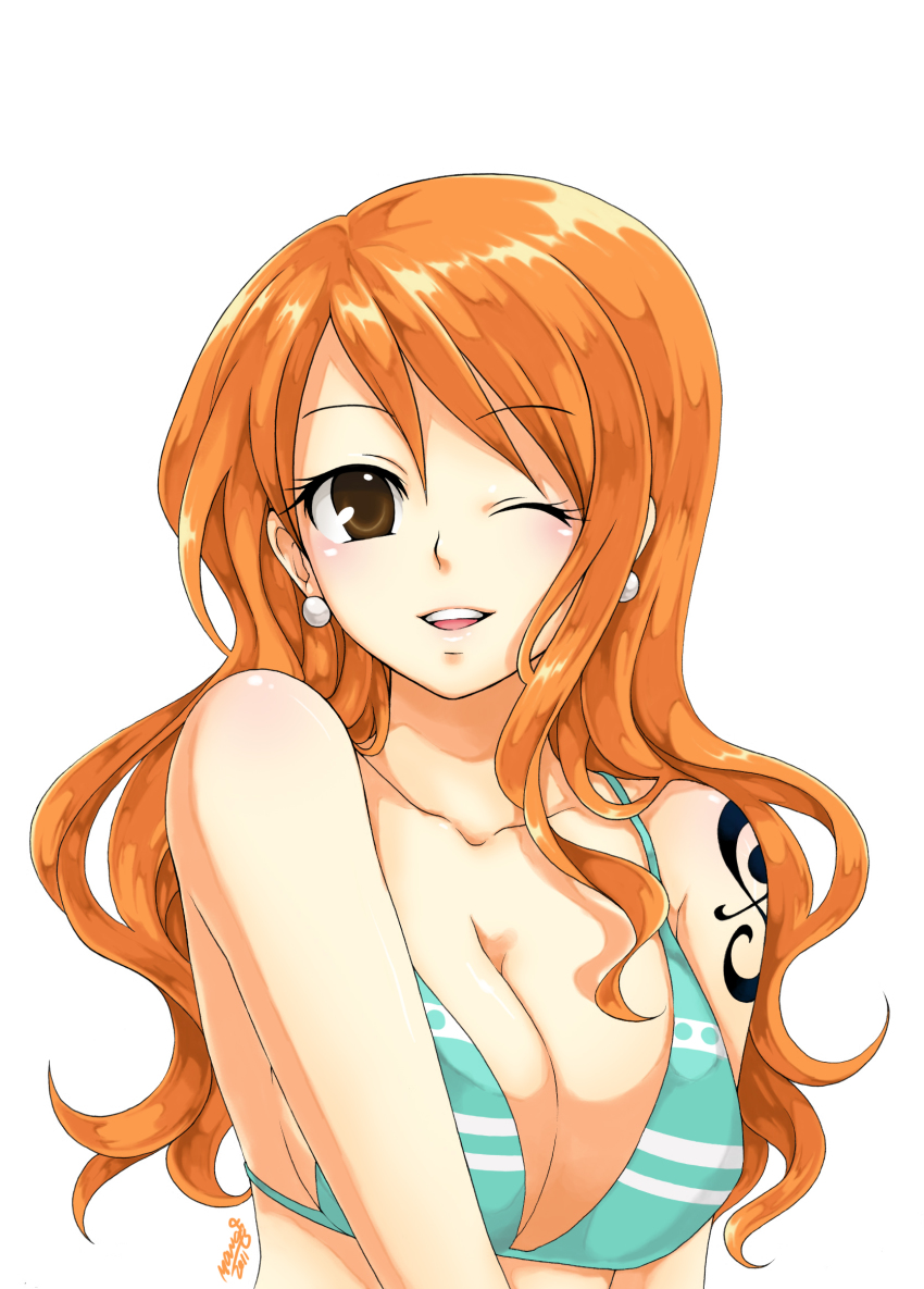 1girl, 2011, artist_name, bikini, bikini_top_only, breasts, brown_eyes, cleavage, earrings, female_focus, highres, jewelry, large_breasts, long_hair, mono_land, nami_(one_piece), nami_(one_piece)_(return_to_sabaody), one_eye_closed, one_piece, open_mouth, orange_hair, shoulder_tattoo, simple_background, solo, swimsuit, tattoo, teeth, upper_body, upper_teeth_only, white_background, wink
