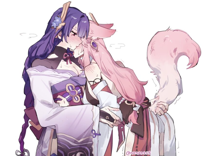 2girls, animal_ears, aroused, bare_shoulders, blush, breasts, cleavage, commentary