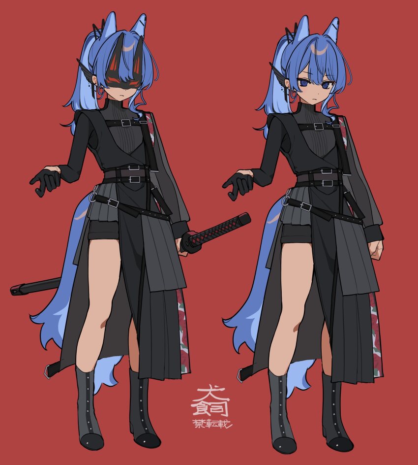 absurdres, animal_ears, arm_up, black_boots, black_dress, blue_eyes, blue_hair, boots