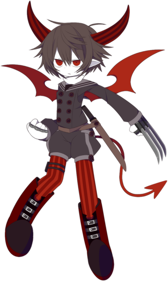 1girl, boots, brass_knuckles, brown_hair, claw_(weapon), colored_skin, demon_horns, demon_tail