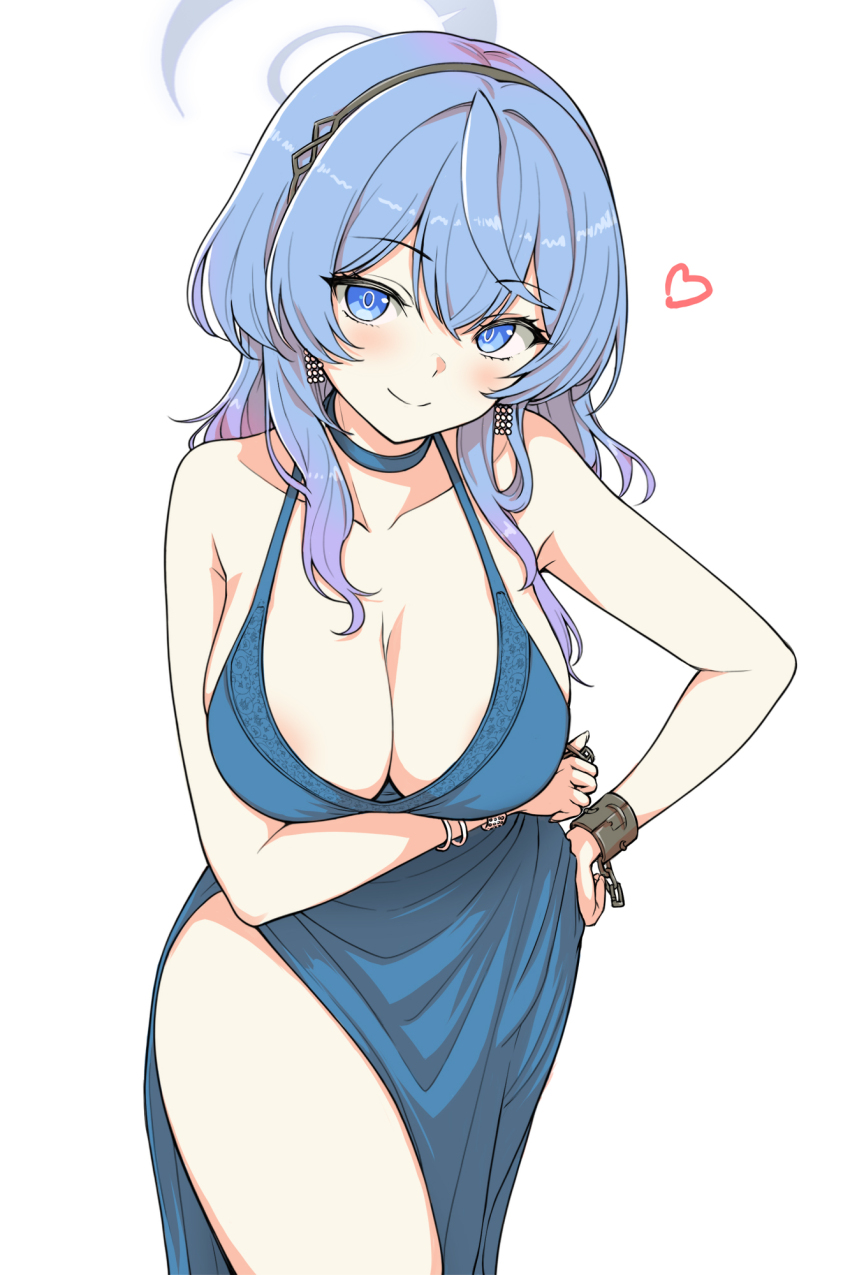 1girl, ako_(blue_archive), ako_(dress)_(blue_archive), arm_under_breasts, blue_archive, blue_dress, blue_eyes, blue_hair, blue_halo, bracelet, breasts, dress, earrings, hairband, halo, heart, highres, jewelry, kooriyama_azuki, large_breasts, looking_at_viewer, official_alternate_costume, sleeveless, sleeveless_dress, solo