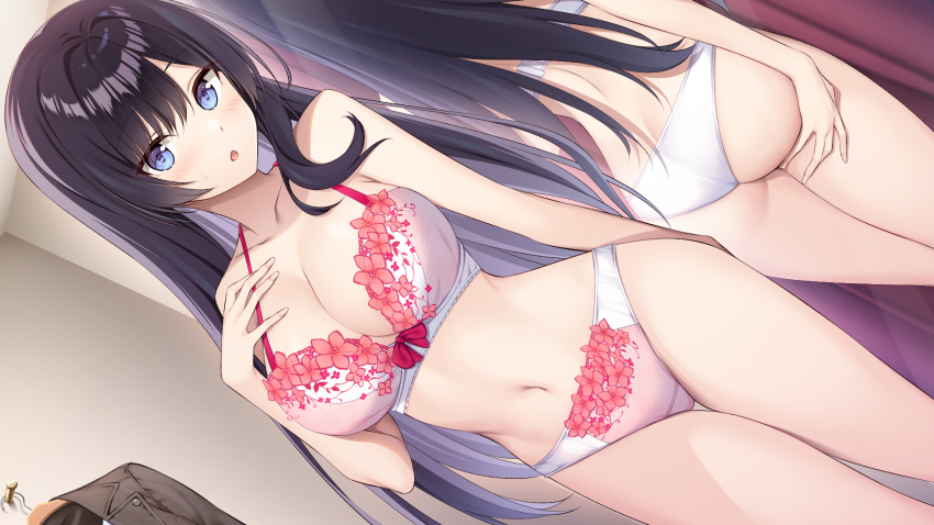 1girl, ass, bare_arms, black_hair, blue_eyes, blush, bra, breasts, clothes_hanger, colored_inner_hair, commentary, dutch_angle, english_commentary, fitting_room, flower-trimmed_bra, flower-trimmed_panties, flower_trim, grey_hair, hand_on_own_chest, highres, indoors, jacket, lapels, large_breasts, light_blush, lingerie, lingeries_(ramune_games), long_hair, looking_at_viewer, makabe_aisu, mirror, mixed-language_commentary, multicolored_hair, navel, notched_lapels, official_art, open_mouth, oryo_(oryo04), panties, reflection, second-party_source, solo, stomach, thigh_gap, thighs, underwear, unworn_clothes, unworn_jacket, white_bra, white_panties
