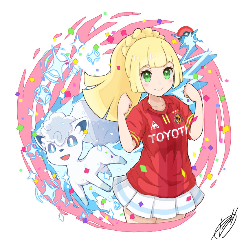 1girl, alolan_form, alolan_vulpix, alternate_costume, blonde_hair, bright_pupils, commentary_request, confetti