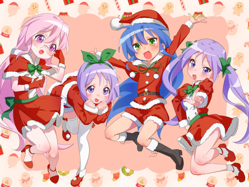 4girls, belt, blue_eyes, blue_hair, blush, boots, bow, candy