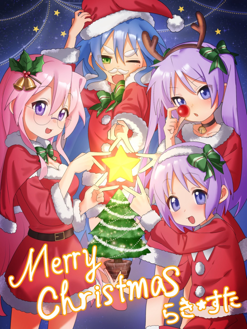 4girls, :3, animal_ears, antlers, bell, belt, belt_buckle, black_belt