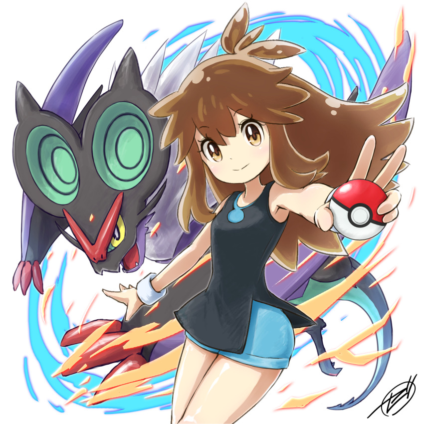 1girl, black_shirt, brown_eyes, brown_hair, closed_mouth, commentary_request, cowboy_shot, gen_6_pokemon