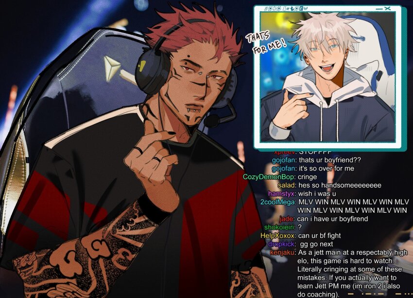 !, 2boys, ?, ??, alternate_costume, alternate_skin_color, alternate_tattoo, arm_tattoo