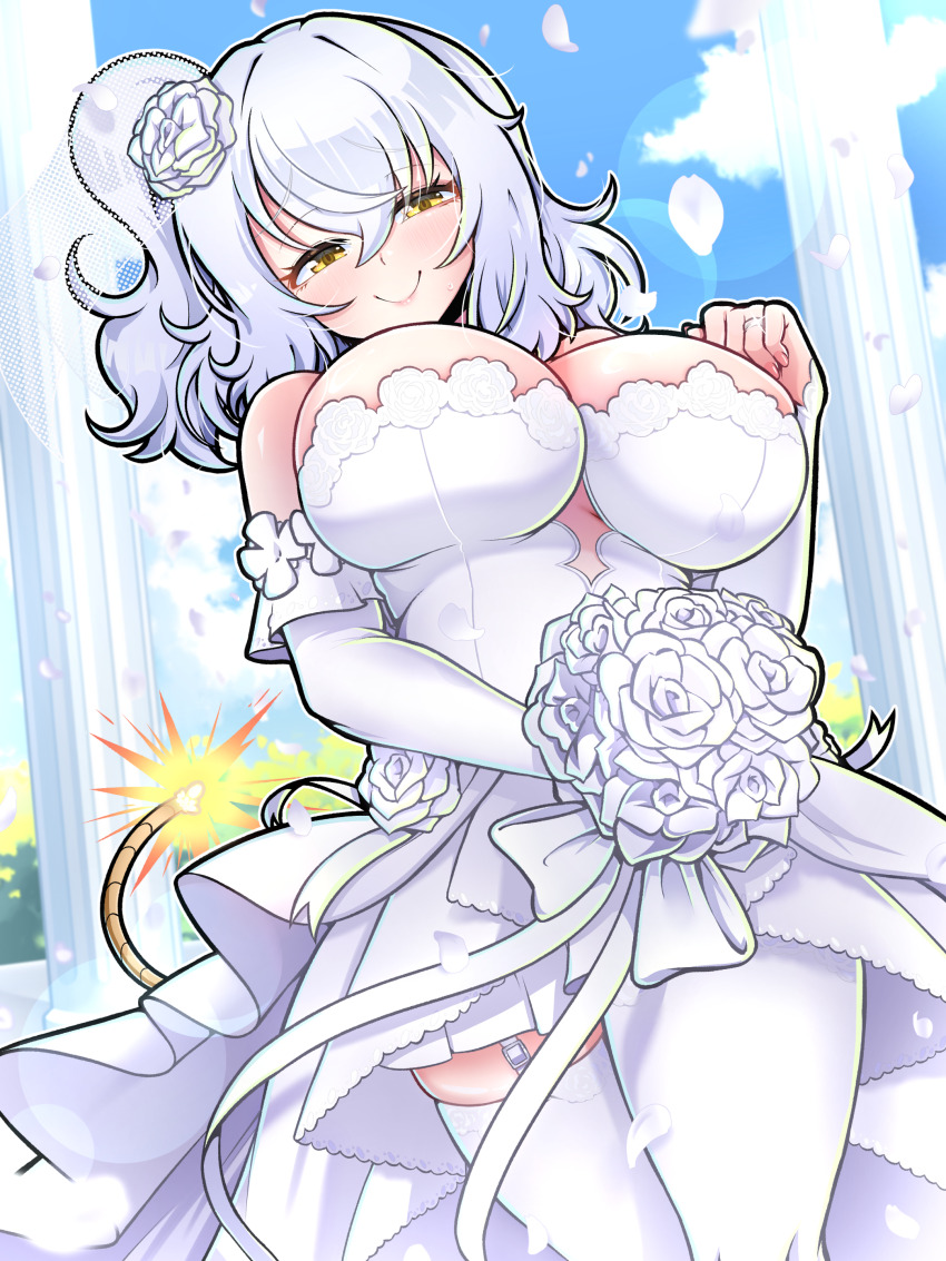 absurdres, bare_shoulders, blush, bombergirl, bouquet, breasts, dress, flower
