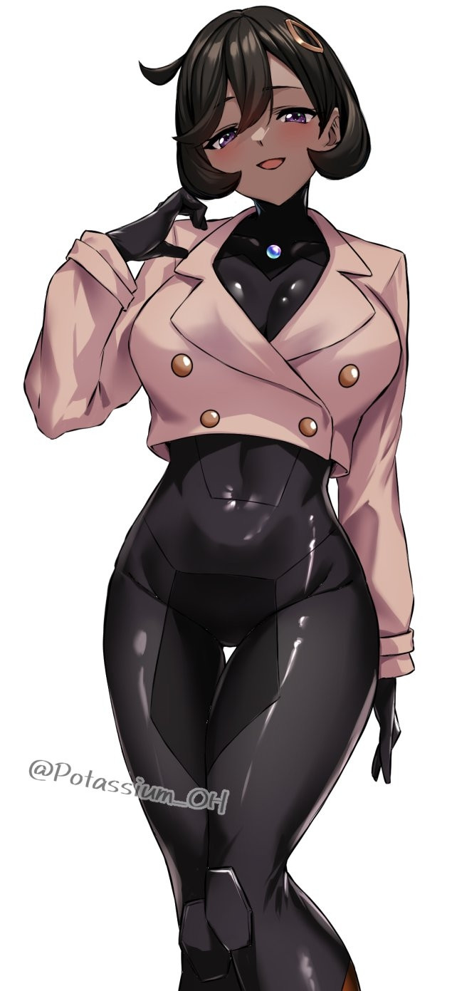 1girl, black_hair, blush, bodysuit, breasts, dark-skinned_female, dark_skin, emma_(pokemon)