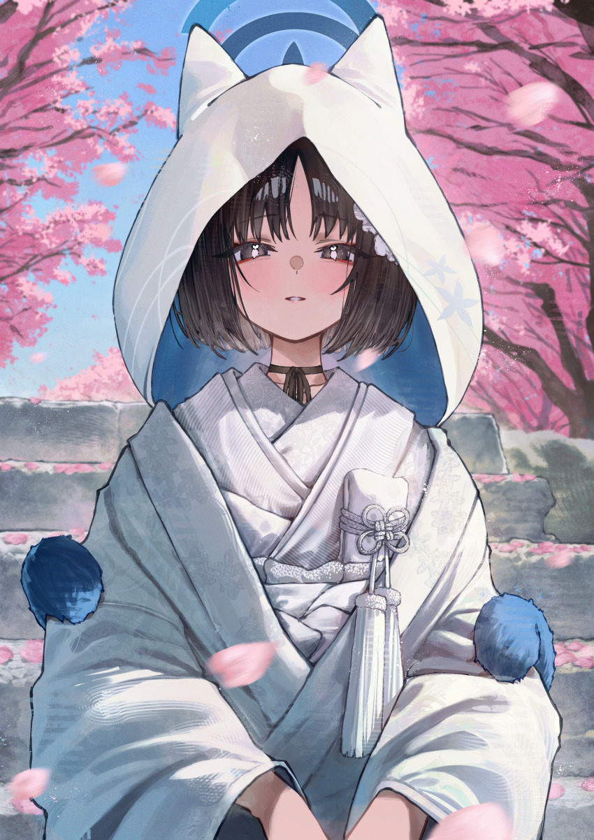 1girl, absurdres, alternate_costume, animal_ear_hood, animal_ears, betanonbeet, black_hair, black_ribbon, blue_archive, blue_sky, blush, bride, cat_tail, cherry_blossoms, chinese_knot, day, ears_under_headwear, fake_animal_ears, falling_petals, good_luck_knot, halo, heart, heart_in_eye, highres, hood, hood_up, hooded_kimono, japanese_clothes, kikyou_(blue_archive), kimono, light_smile, looking_at_viewer, multiple_tails, neck_ribbon, outdoors, parted_lips, petals, pink_petals, ribbon, short_hair, sky, solo, symbol_in_eye, tail, two_tails, uchikake, wataboushi, white_kimono, wide_sleeves