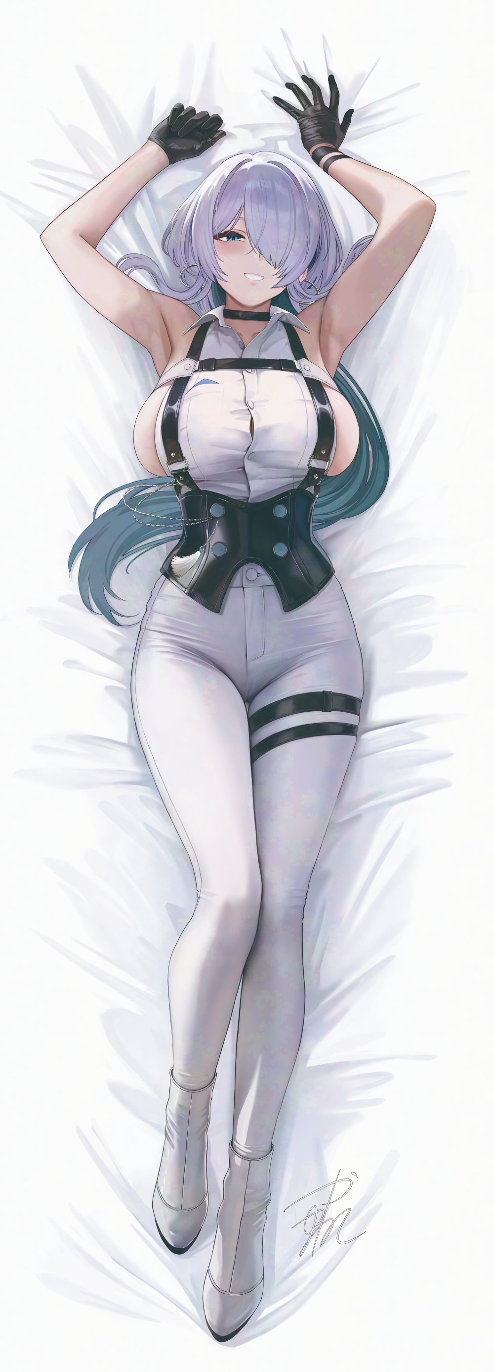 1girl, absurdres, black_choker, black_corset, black_gloves, blue_eyes, breasts, brid_(nikke)