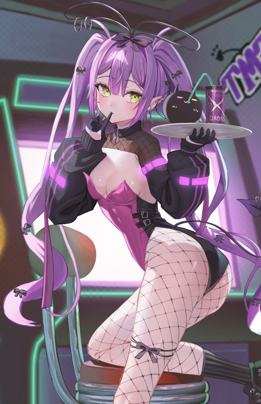 1girl, alternate_costume, ass, bibi_(tokoyami_towa), black_gloves, black_leotard, black_shoes, black_shrug