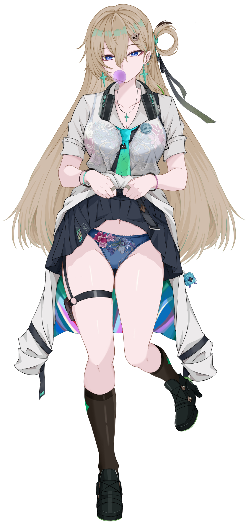1girl, absurdres, aqua_necktie, black_boots, black_ribbon, black_skirt, black_socks, blonde_hair, blowing_bubble_gum, blue_eyes, blue_panties, boots, bra_visible_through_clothes, breasts, bright_moon, charm_(object), chewing_gum, clang_bang_(wuthering_waves), cleavage, commentary, earrings, hair_ornament, hair_ribbon, headphones, headphones_around_neck, highres, holding, jewelry, kneehighs, large_breasts, long_hair, looking_at_viewer, lynae_(wuthering_waves), mole, mole_on_breast, multicolored_hair, necktie, panties, presenting, pulling_own_clothes, ribbon, see-through_clothes, shirt, skirt, skull_hair_ornament, socks, solo, star_(symbol), star_earrings, streaked_hair, thigh_strap, thighs, underwear, white_shirt, wuthering_waves