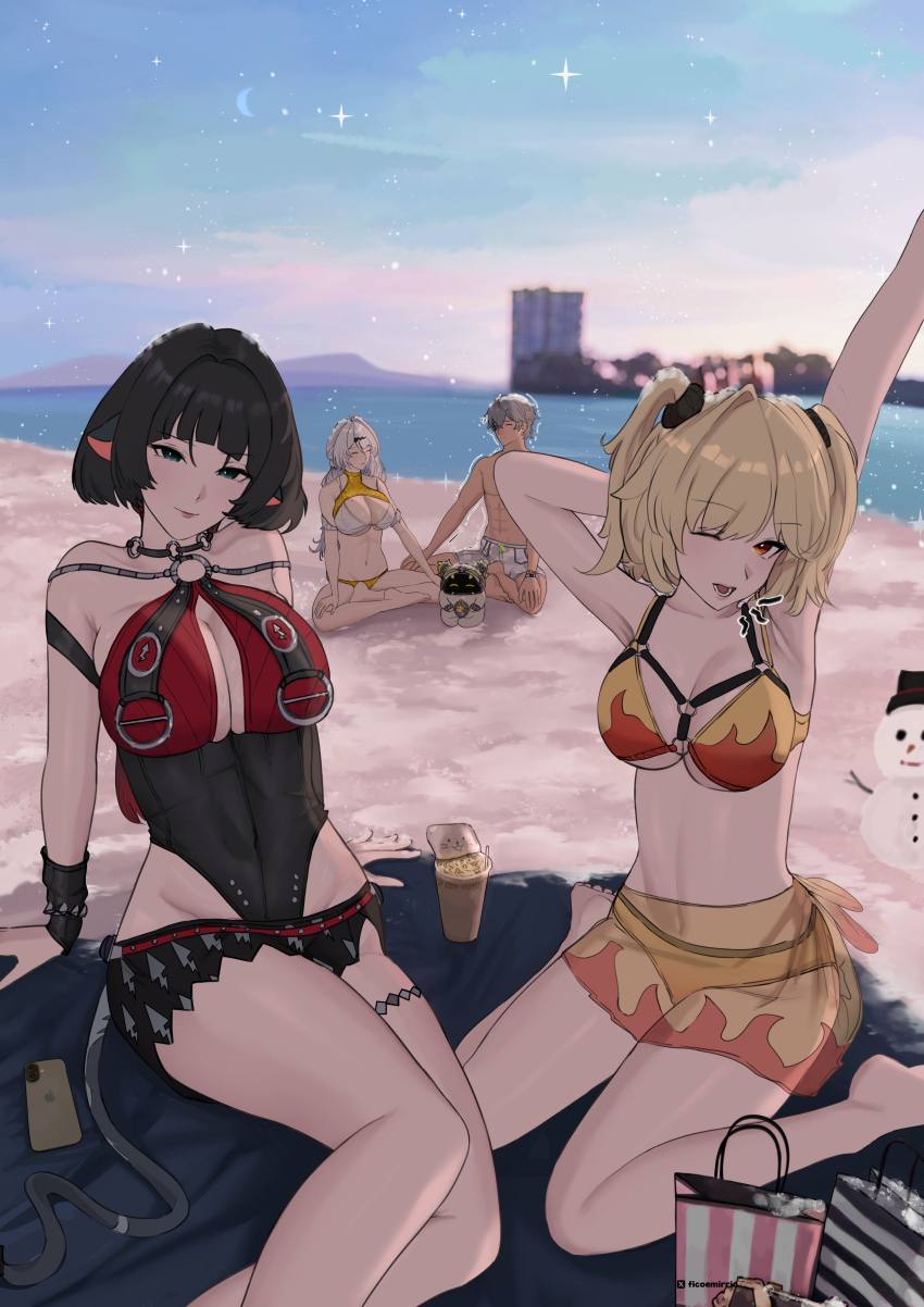 1boy, 3girls, abs, absurdres, alternate_costume, animal_ears, arm_support, armpits, arms_up, bag, bangboo_(zenless_zone_zero), bare_shoulders, barefoot, beach, belion_(zenless_zone_zero), bikini, black_hair, black_leotard, black_one-piece_swimsuit, black_sarong, blonde_hair, blue_eyes, blurry, blurry_background, breast_curtains, breasts, burnice_white, cellphone, cleavage, closed_eyes, collarbone, commentary, english_commentary, ficoemirrio, flame_print, grey_hair, hair_ornament, hairpin, head_tilt, highres, jane_doe_(nocturne_of_light)_(zenless_zone_zero), jane_doe_(zenless_zone_zero), large_breasts, leather_leotard, leotard, long_hair, looking_at_viewer, mouse_ears, mouse_girl, mouse_tail, multicolored_hair, multiple_girls, navel, o-ring, o-ring_swimsuit, ocean, official_alternate_costume, one-piece_swimsuit, open_mouth, phone, red_eyes, red_hair, red_one-piece_swimsuit, sand, sarong, short_hair, short_twintails, sitting, sky, smartphone, snowman, star_(sky), starry_sky, stomach, stretching, swimsuit, tail, twintails, two-tone_one-piece_swimsuit, wariza, water, white_hair, wise_(zenless_zone_zero), yellow_bikini, yellow_sarong, yixuan_(zenless_zone_zero), zenless_zone_zero