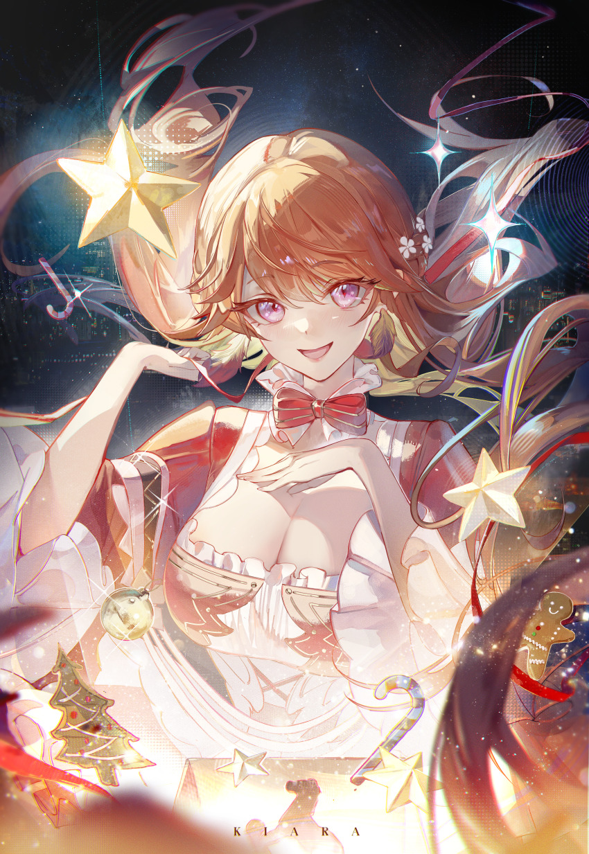 1girl, absurdres, alternate_costume, breasts, candy, candy_cane, character_name, christmas_ornaments