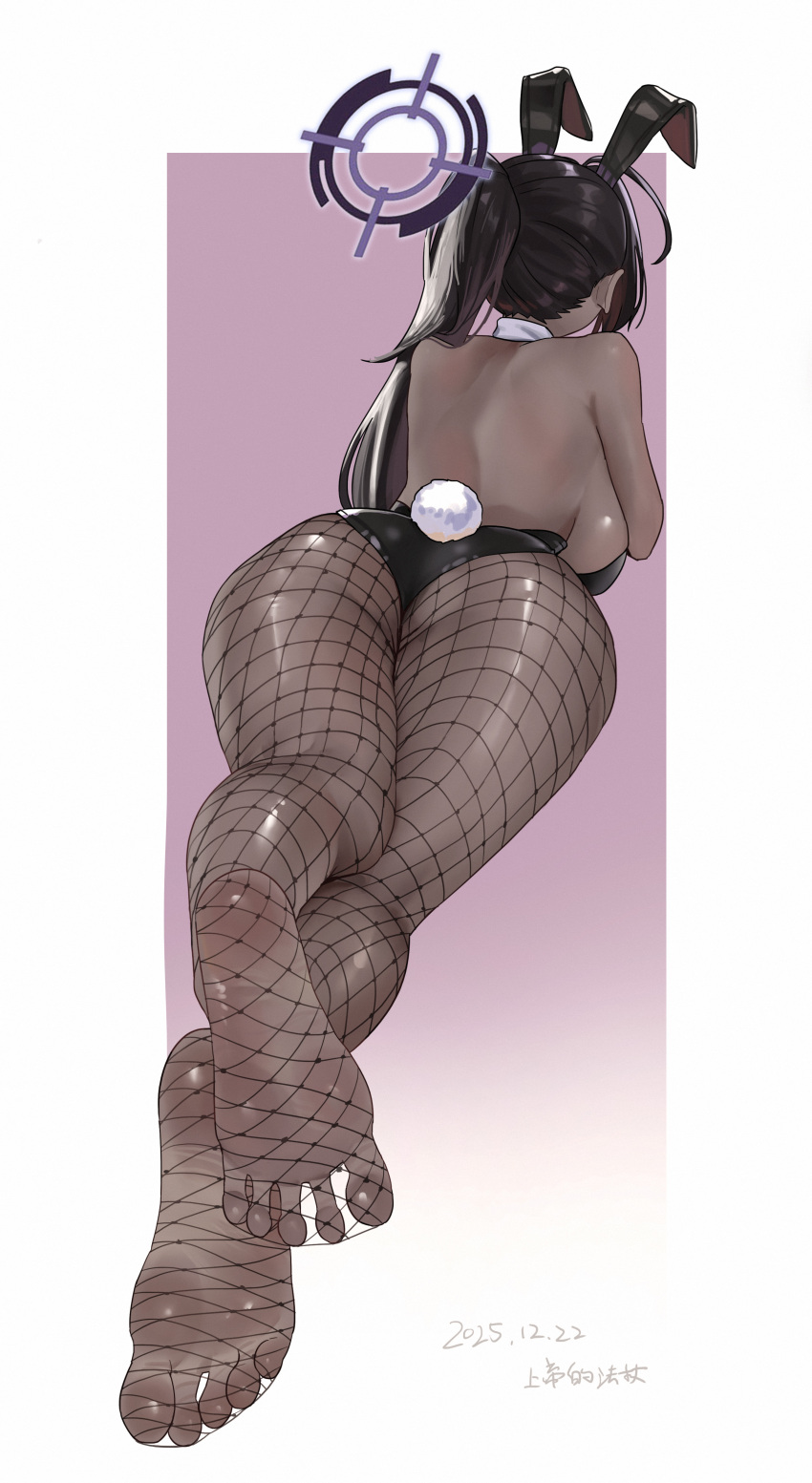 1girl, absurdres, animal_ear_hairband, animal_ears, back, black_hair, blue_archive, chinese_commentary