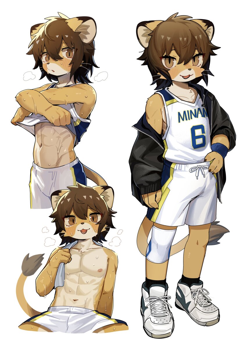 1boy, abs, absurdres, animal_ears, animal_nose, blush, body_fur, brown_hair, clothes_lift, furry, furry_male, hair_between_eyes, highres, jersey, kurom960, lion_boy, lion_ears, lion_tail, male_focus, navel, nipples, open_mouth, original, shirt_lift, shorts, simple_background, sitting, solo, sportswear, standing, steaming_body, stomach, sweat, tail, toned, toned_male, topless_male, towel, undressing, whiskers, white_background