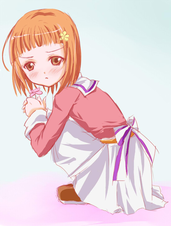 1girl, blush, dress, female_focus, flower, full_body, gradient_background, hair_ornament