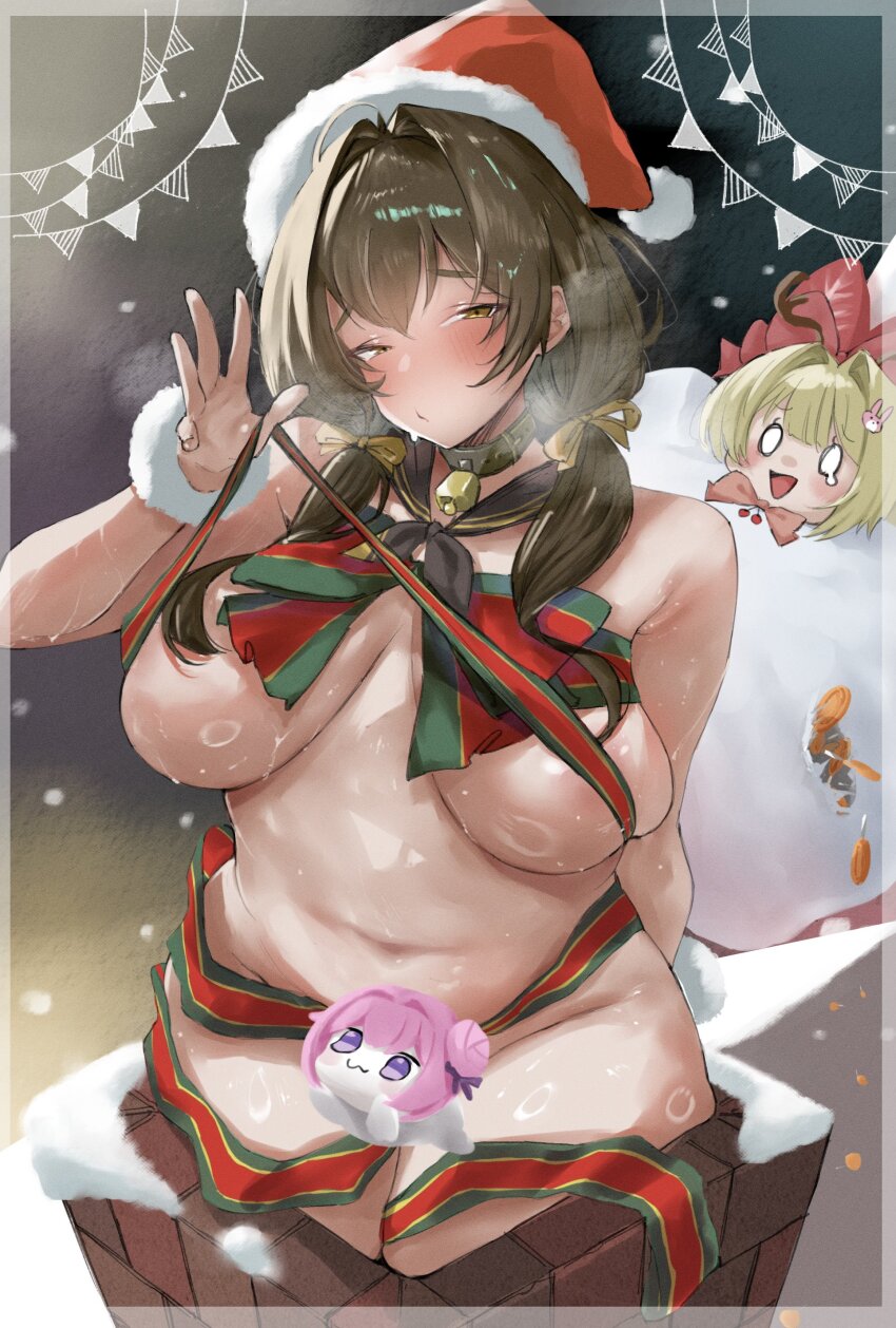 2girls, absurdres, armpit_crease, bare_shoulders, bdsm, bell, blonde_hair, blush, bondage, bound, bready_(nikke), breasts, brown_hair, chest_ribbon, chimney, christmas, closed_mouth, covered_erect_nipples, covering_privates, crust_(nikke), crying, dark_background, doro_(nikke), goddess_of_victory:_nikke, hair_ribbon, hand_up, hat, highres, hii_(motorholic), implied_nudity, large_breasts, multiple_girls, naked_ribbon, navel, neck_bell, open_mouth, plump, ribbon, santa_hat, short_hair, snow, snowball, solo_focus, steam, stuck, sweat, thighs, twintails