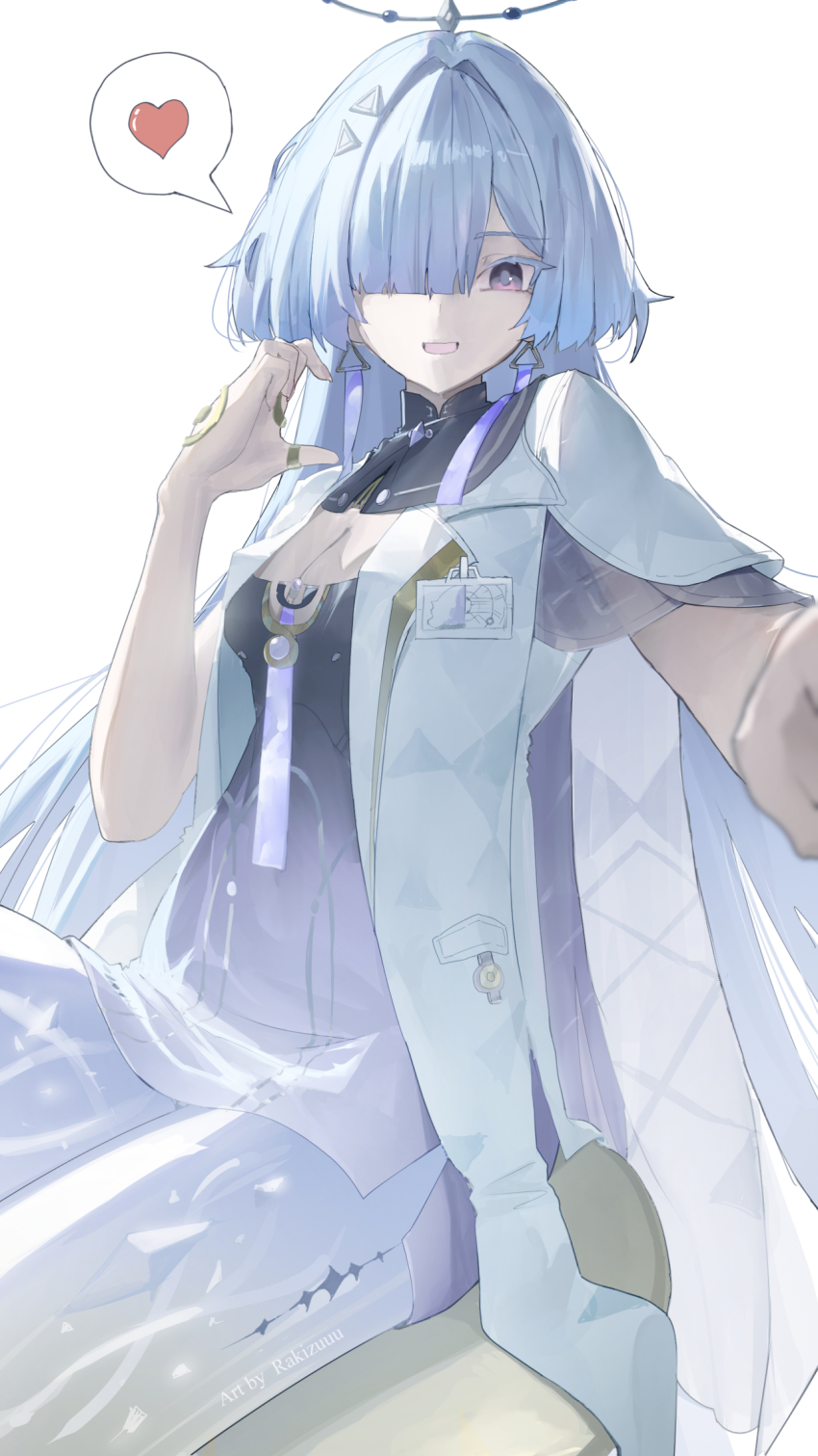 1girl, artist_name, breasts, cleavage, colored_eyelashes, commentary, dress, earrings, english_commentary, grey_hair, hair_ornament, hair_over_one_eye, halo, hand_up, heart, highres, id_card, jacket, jewelry, long_hair, looking_at_viewer, medium_breasts, mornye_(wuthering_waves), open_mouth, purple_dress, purple_eyes, rakizuuu, see-through_body, simple_background, sitting, solo, spoken_heart, tacet_mark_(wuthering_waves), triangle_earrings, very_long_hair, white_background, white_jacket, wuthering_waves