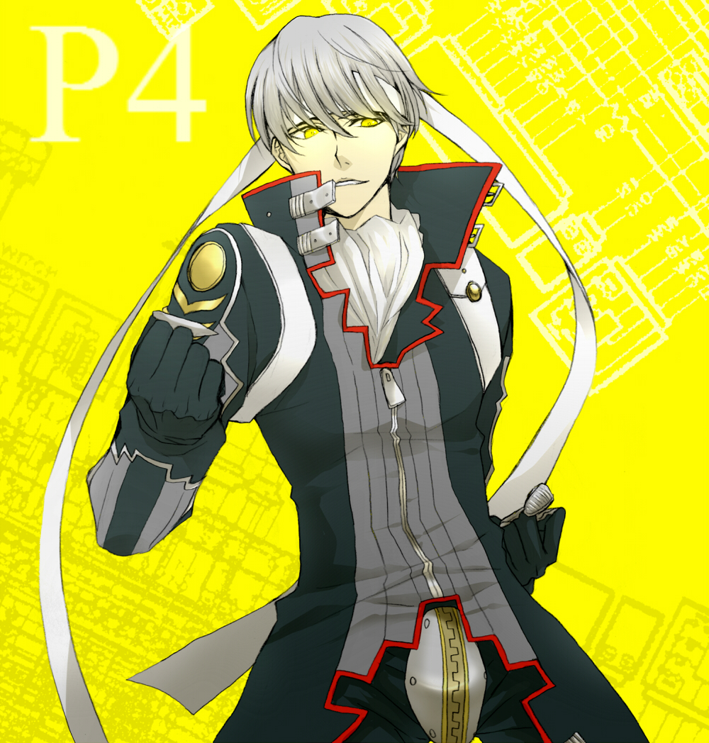 1boy, atlus, clenched_hand, clenched_hands, cosplay, hachimaki, headband, izanagi_(cosplay), izanagi_(persona_4), koorijou, male_focus, narukami_yu, persona, persona_4, short_hair, silver_hair, solo, yellow_eyes
