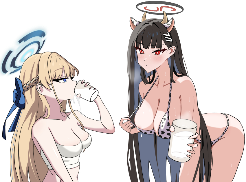 2girls, absurdres, animal_ears, animal_print, bikini, black_hair, blonde_hair, blue_archive