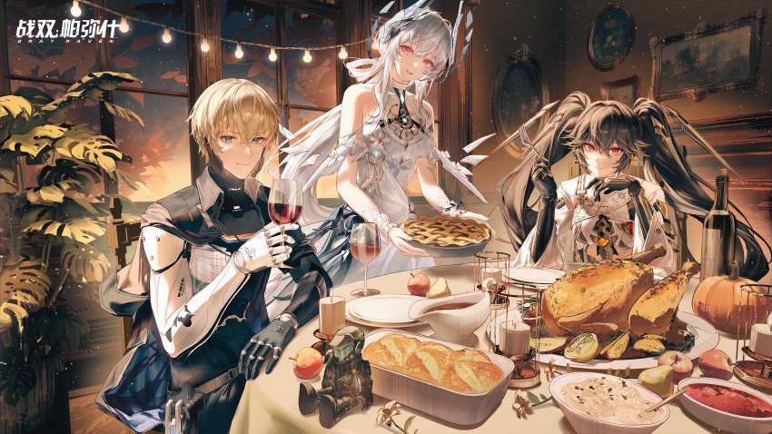 1boy, 2girls, absurdres, apple, arm_rest, baking_sheet, black_capelet, black_hair