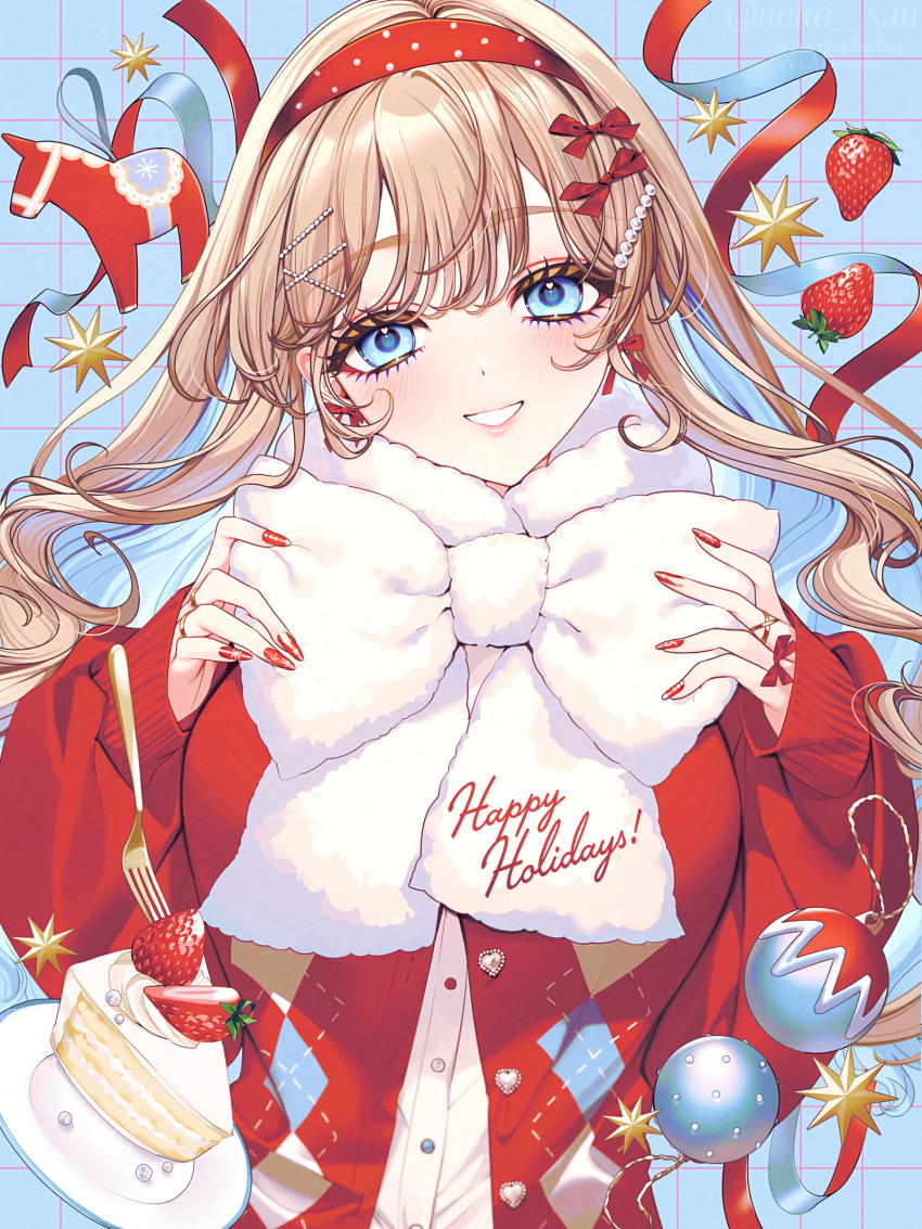1girl, blonde_hair, blue_background, blue_eyes, blue_hair, bow, breasts, christmas, colored_inner_hair, commentary_request, dalecarlian_horse, food, fruit, grid_background, hairband, hands_up, happy_holidays, highres, jacket, long_hair, long_sleeves, looking_at_viewer, medium_breasts, multicolored_hair, nail_polish, neko-san_(dim.dream), original, puffy_long_sleeves, puffy_sleeves, red_hairband, red_jacket, red_nails, scarf, scarf_bow, shirt, smile, solo, strawberry, two-tone_hair, upper_body, very_long_hair, white_scarf, white_shirt