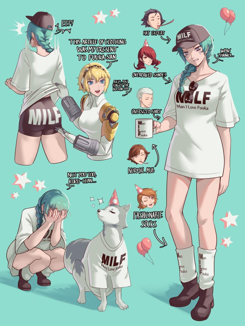4boys, 4girls, aigis_(persona), amada_ken, animal, aqua_hair, ass, balloon, birthday, black_hat, blonde_hair, blue_eyes, blue_hair, brown_hair, commentary, cup, dog, english_commentary, english_text, finger_cannon, grey_dog, hat, highres, holding, holding_cup, iori_junpei, kirijou_mitsuru, koromaru_(persona), long_hair, mayonnaisenais3, mug, multiple_boys, multiple_girls, party_hat, persona, persona_3, persona_4:_the_ultimate_in_mayonaka_arena, red_hair, robot_ears, robot_girl, sanada_akihiko, shirt, short_hair, simple_background, socks, star_(symbol), sunglasses, takeba_yukari, white_shirt, white_socks, yamagishi_fuuka