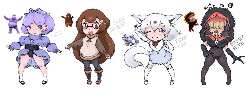 4girls, animal_ears, barry_bite_(jamba), black_bodystocking, black_gloves, black_hair, black_hood, blonde_hair, blue_bow, blue_skirt, bodystocking, boots, bow, bowtie, bra, breasts, brown_hair, brown_sleeves, buck_teeth, cat_ears, cat_girl, cat_tail, chibi, chibi_only, choker, closed_mouth, collar, colored_teeth, crossover, dress, fake_whiskers, flip-flops, fluffy_clothes, fluffy_legwear, frilled_dress, frilled_shirt_collar, frilled_skirt, frilled_sleeves, frills, genderswap, genderswap_(mtf), glasses, gloves, grey_eyes, hair_ornament, hairclip, heart, heart_choker, highres, hippopotamus_ears, hood, humanization, jamba_jamster, jewelry, kemono_friends, kozo_(jamba), large_breasts, long_hair, long_sleeves, multicolored_hair, multiple_girls, necklace, one_eye_closed, open_mouth, original, pink_hair, puffy_sleeves, purple_eyes, purple_hair, purple_hippo, pussycat_(jamba), rene_la_taupe_(jamba), sandals, short_eyebrows, short_hair, shorts, skirt, socks, stretching, sweater, tail, teeth, thick_eyebrows, underwear, white_gloves, white_hair, white_shorts, white_socks, yellow_teeth, yoshizaki_mine_(style), zipper