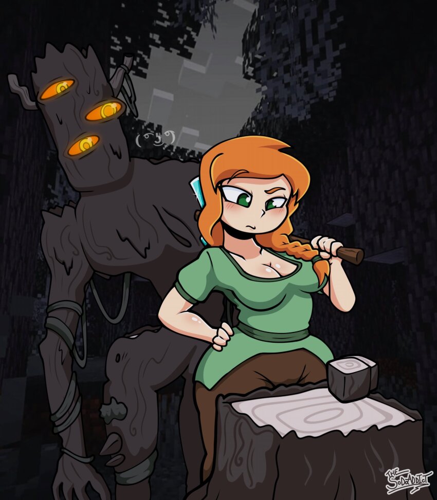 1girl, alex_(minecraft), artist_name, axe, block_(minecraft), breasts, cleavage, colored_sclera, commentary, creaking_(minecraft), english_commentary, extra_eyes, green_eyes, green_shirt, highres, holding, holding_axe, lenny_face, long_hair, minecraft, minecraft_axe, orange_eyes, orange_hair, orange_sclera, outdoors, pants, shirt, short_sleeves, thesoderaddict, tree