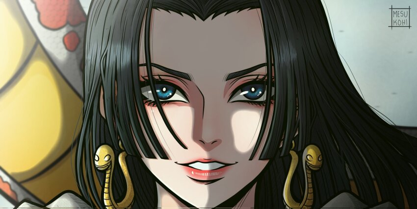 1girl, black_hair, blue_eyes, boa_hancock, close-up, commentary, earrings, eyelashes, floating_hair, highres, jewelry, long_hair, mesukohi, one_piece, salome_(one_piece), sidelocks, smile, snake, snake_earrings, watermark