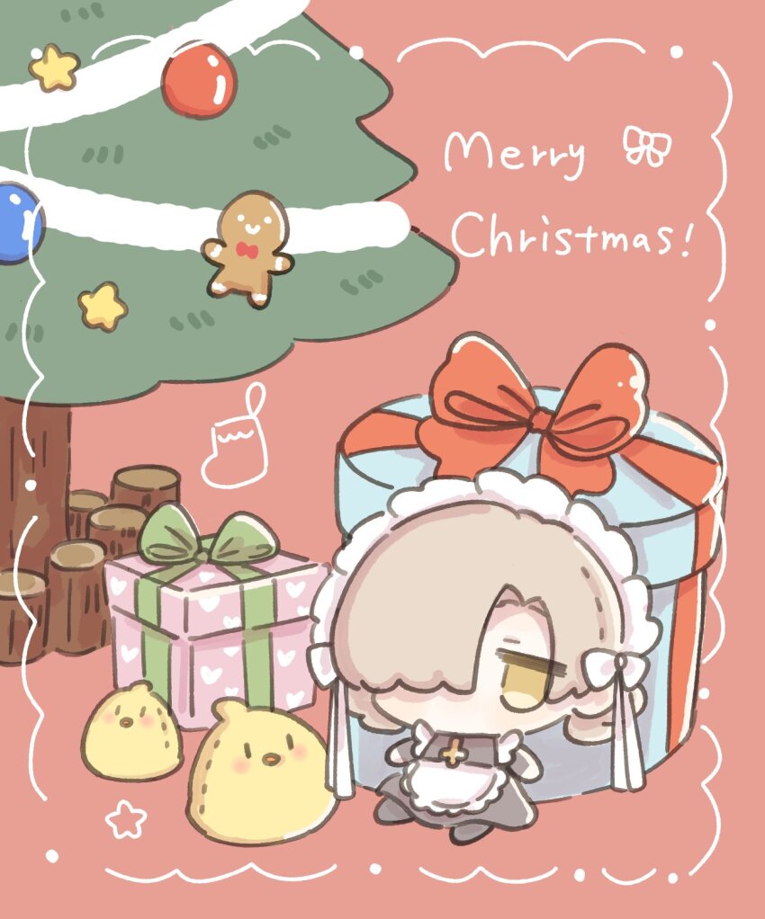 1girl, azur_lane, black_dress, box, chibi, christmas_ornaments, christmas_present, christmas_tree