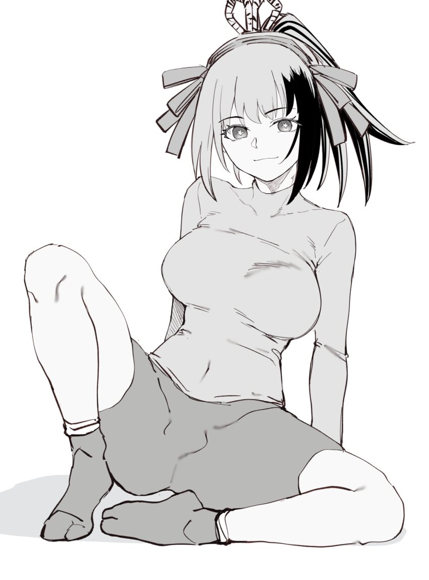 1girl, bike_shorts, breasts, commentary_request, covered_navel, hair_ornament, highres, karukaya_gekka, long_sleeves, looking_at_viewer, minorun9, monochrome, multicolored_hair, nue_no_onmyouji, pants, ponytail, ribbon, shorts, smile, socks, solo, spread_legs, streaked_hair, symbol-shaped_pupils, tight_clothes, tight_pants, turtleneck, two-tone_hair