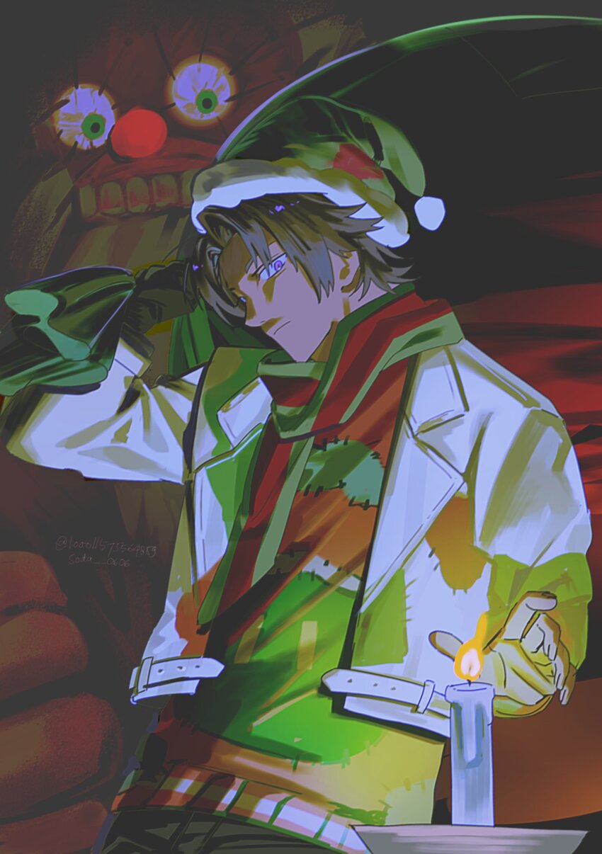 1boy, brown_hair, candle, christmas, commentary, e.g.o_(project_moon), english_commentary, hat