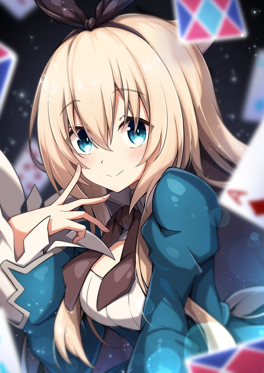 1girl, absurdres, alice_(grimms_notes), alice_(original)_(grimms_notes), blonde_hair, blue_dress, blue_eyes, breasts, brown_neckerchief, card, closed_mouth, dress, fingernails, grimms_notes, hair_between_eyes, highres, juliet_sleeves, long_hair, long_sleeves, looking_at_viewer, neckerchief, playing_card, puffy_sleeves, rurisuke, solo, upper_body, wide_sleeves