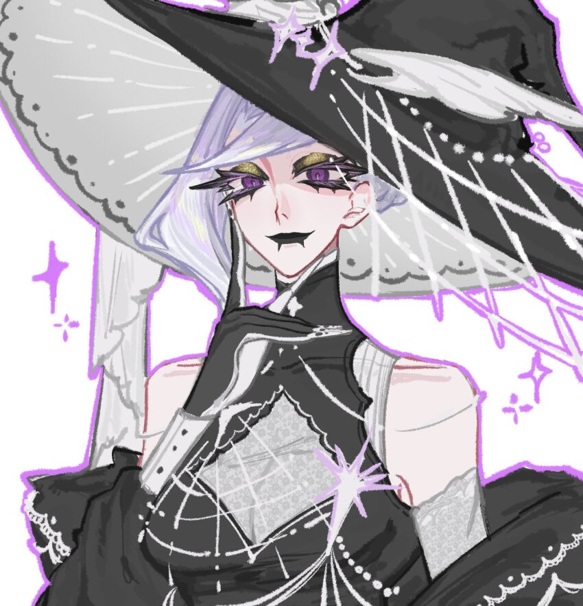 1girl, bare_shoulders, black_dress, black_eyeliner, black_eyeshadow, black_gloves, black_hat, black_lips