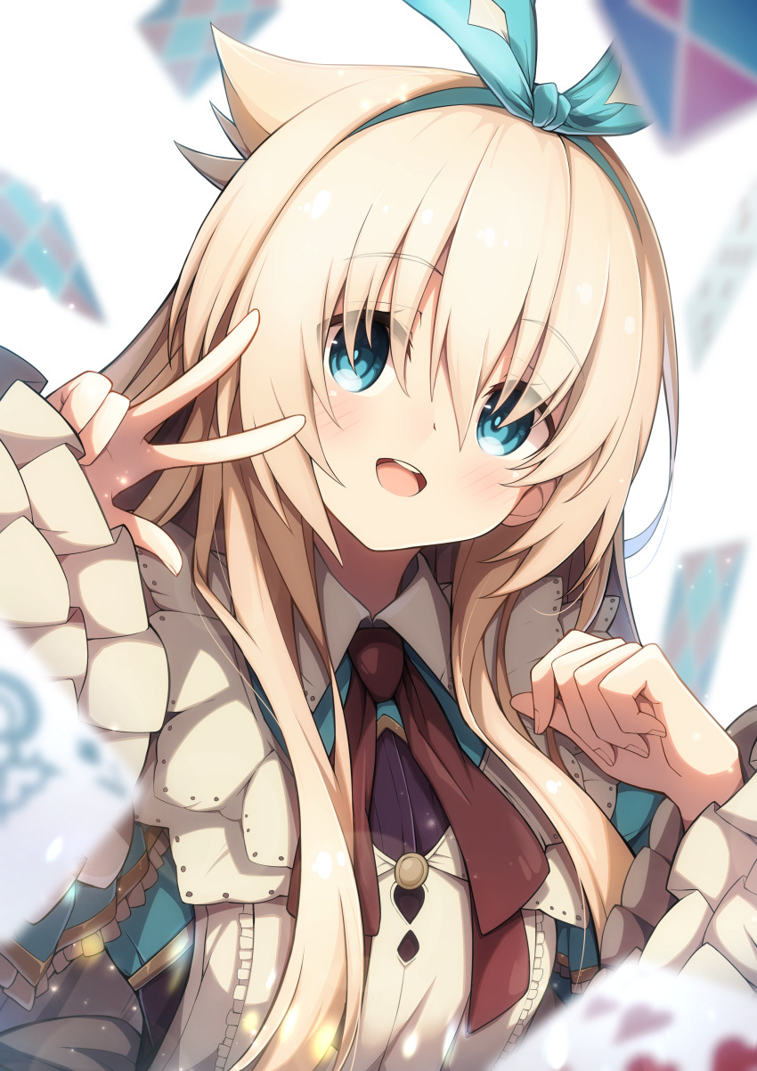 1girl, absurdres, alice_(grimms_notes), alice_(repage)_(grimms_notes), aqua_eyes, blonde_hair, brown_neckerchief, card, frilled_sleeves, frills, grimms_notes, hands_up, highres, light_blush, long_hair, looking_at_viewer, neckerchief, open_mouth, playing_card, rurisuke, smile, solo, teeth, tongue, upper_teeth_only, white_background