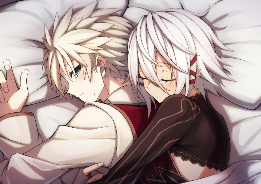 1boy, 1girl, absurdres, blonde_hair, closed_eyes, closed_mouth, collared_shirt, fingernails, green_eyes, grimms_notes, hair_between_eyes, hetero, highres, hug, morrigan_(grimms_notes), on_bed, profile, red_vest, revol_(grimms_notes), rurisuke, shirt, short_hair, spiked_hair, upper_body, vest, white_shirt