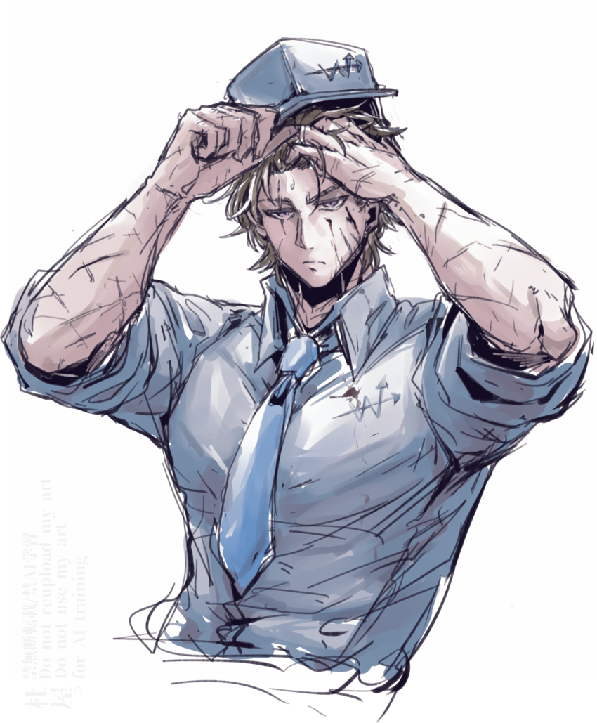 1boy, baseball_cap, black_hat, black_shirt, blood, blood_on_face, blue_necktie, brown_hair