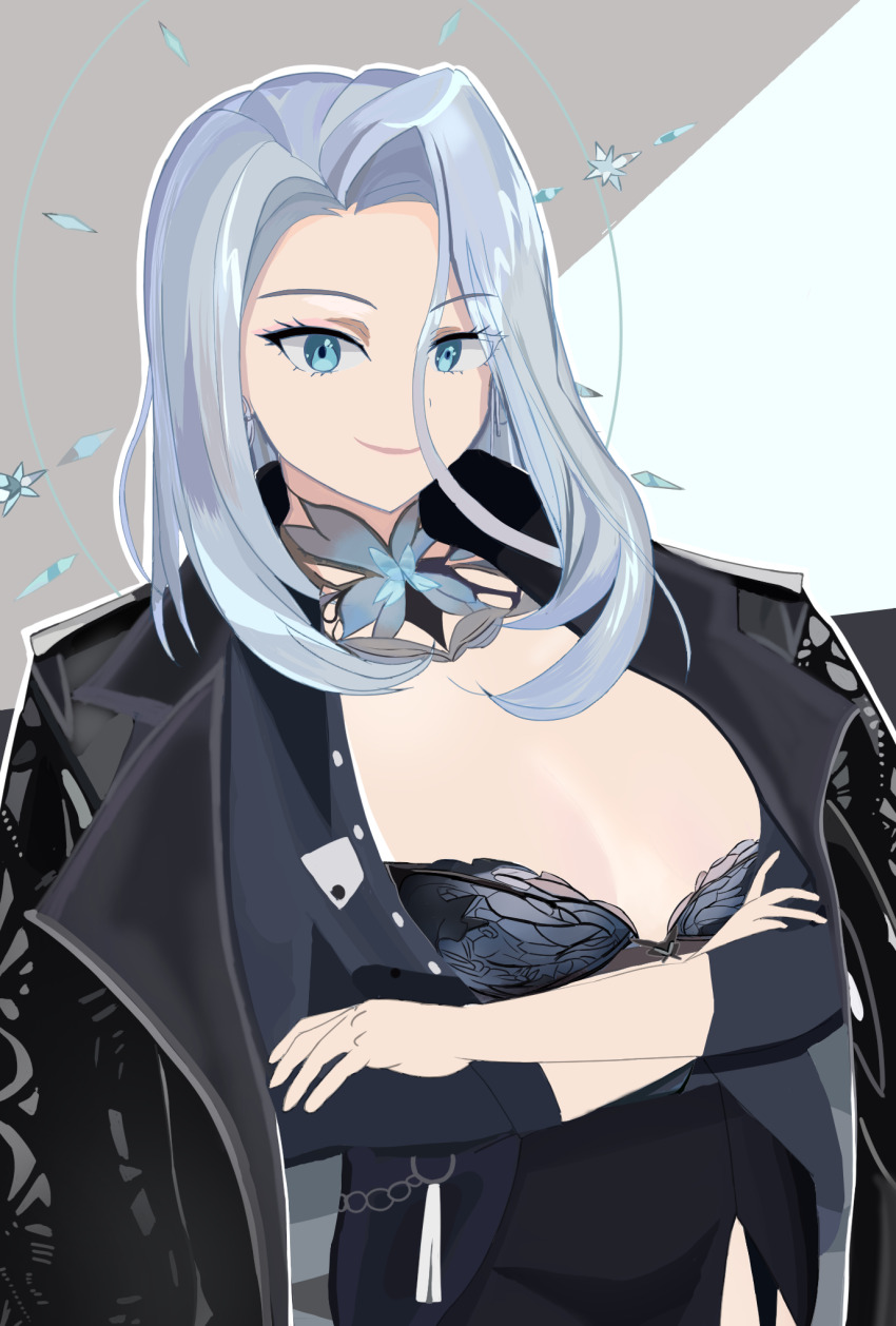 1girl, amanda_lee, black_jacket, blue_bra, blue_eyes, bra, breasts, butterfly_brooch, butterfly_choker, buttons, closed_mouth, collared_shirt, commentary, english_commentary, formal_clothes, halo, halo_behind_head, highres, indie_virtual_youtuber, jacket, kohinn, lace, lace_bra, lace_collar, lace_garter_belt, mafia, monarch_amalee, monarch_amalee_(mafia), open_clothes, open_shirt, panties, shirt, skirt, skirt_suit, suit, unbuttoned, unbuttoned_shirt, underwear, virtual_youtuber, wing_cape