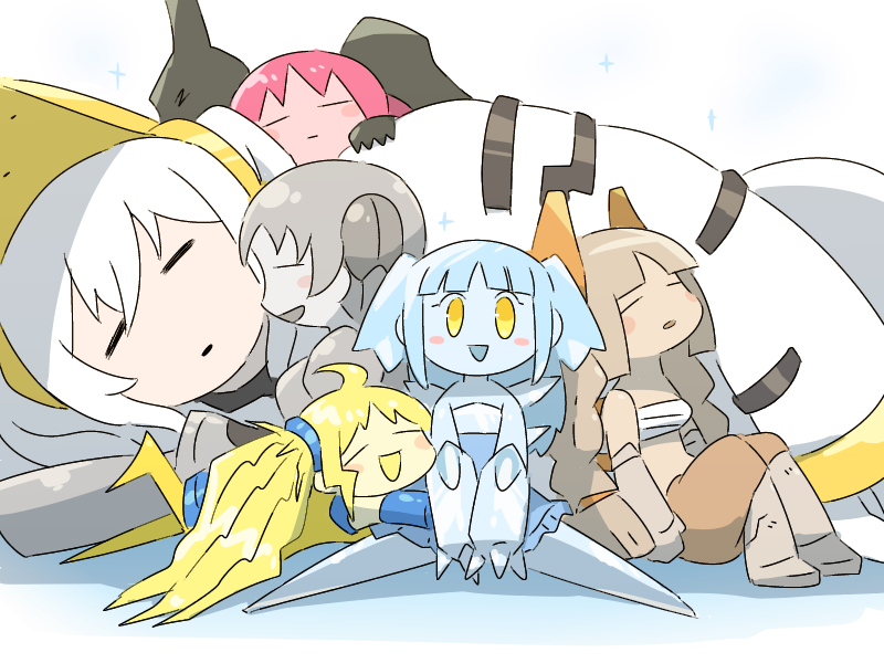 6+girls, blonde_hair, blue_hair, blue_skin, blush_stickers, brown_hair, chest_sarashi, closed_eyes