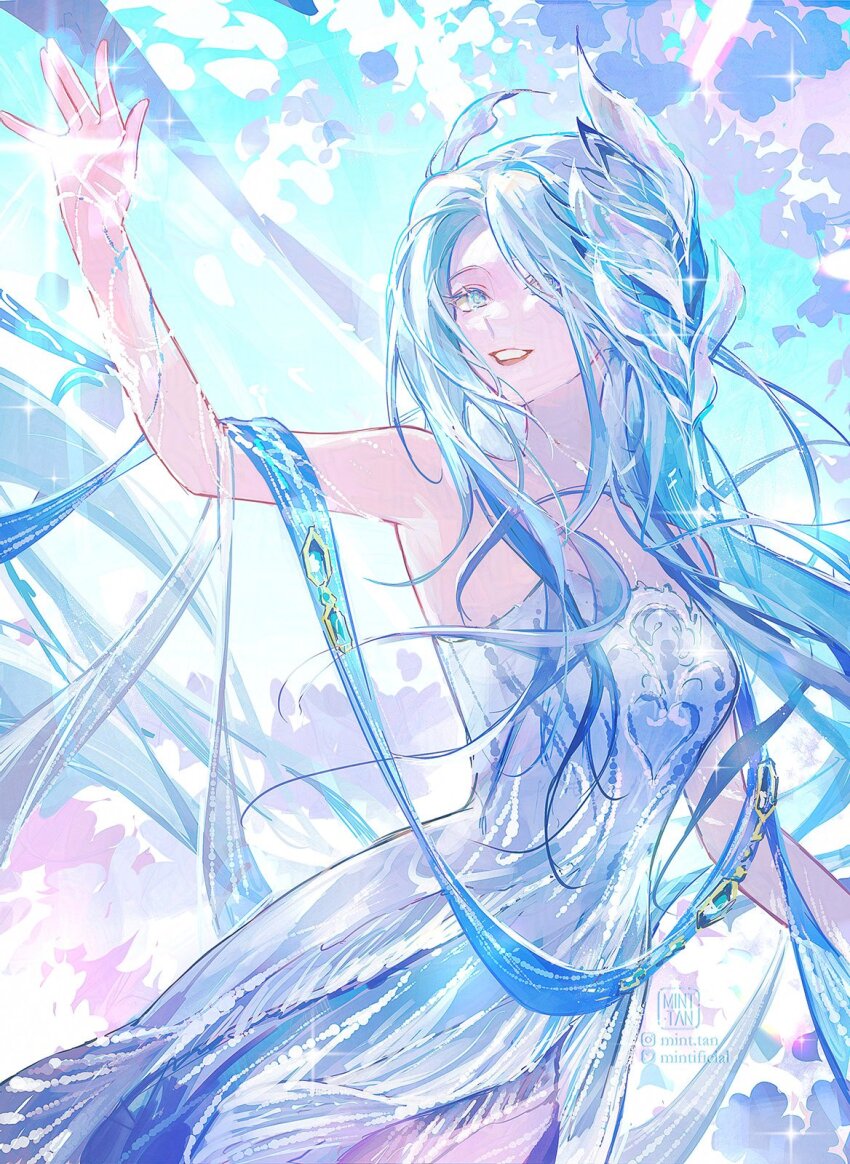 1girl, bare_shoulders, blue_dress, blue_eyes, blue_hair, blue_sky, blue_theme, born_flawless_(infinity_nikki)