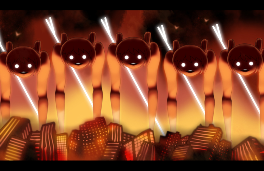 1980s_(style), city, destruction, fire, giant, glowing, glowing_eyes, kaze_no_tani_no_nausicaa