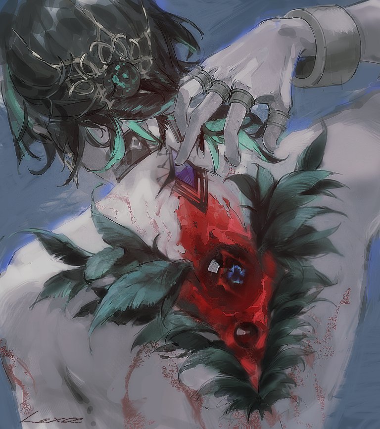 1boy, arm_at_side, artist_name, black_choker, black_hair, blood_on_back, choker, colored_inner_hair, feathers, from_behind, green_hair, hand_on_own_neck, hand_up, hashtag-only_commentary, jewelry, male_focus, medium_hair, morimens, multicolored_hair, multiple_rings, pollux_(morimens), ring, senelisee, signature, solo, streaked_hair, thumb_ring, topless_male, upper_body