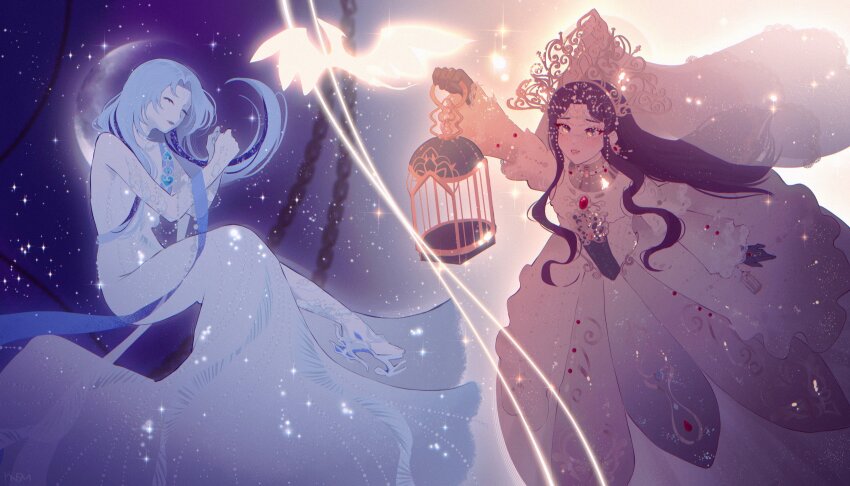 2girls, absurdres, backlighting, bare_shoulders, beads, behind_prayers_(infinity_nikki), black_gloves, black_hair