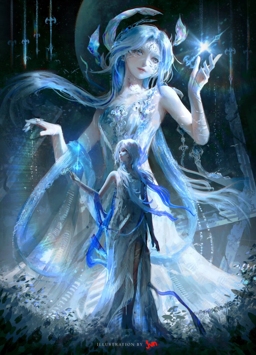 1girl, artist_name, black_sky, blue_dress, blue_eyes, blue_hair, blue_shawl, born_flawless_(infinity_nikki), closed_mouth, commentary, cracked_skin, dress, english_commentary, expressionless, facepaint, feather_hair_ornament, feathers, full_body, full_moon, gown, gradient_hair, grass, hair_ornament, highres, infinity_nikki, jvn, lipstick, long_dress, long_hair, makeup, moon, multicolored_hair, multiple_views, night, nikki_(series), outdoors, outstretched_hand, photorealistic, realistic, red_lips, shawl, single_strap, sky, sleeveless, sleeveless_dress, standing, sword, very_long_hair, weapon