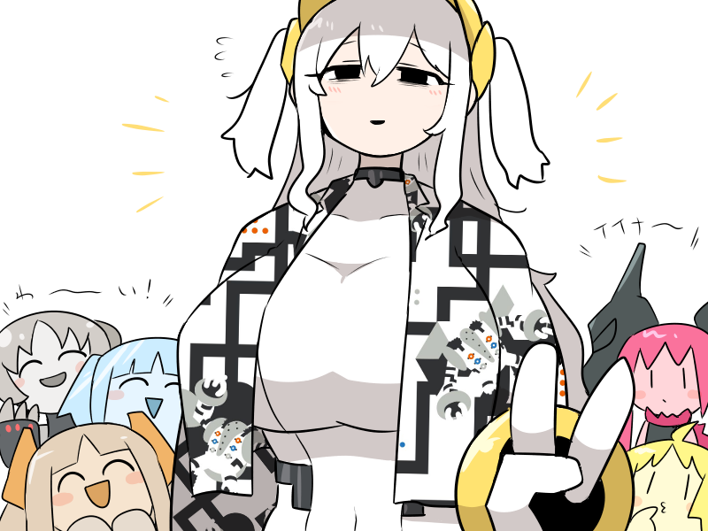 6+girls, bags_under_eyes, black_eyes, blonde_hair, blue_hair, blue_skin, blush_stickers, bodysuit